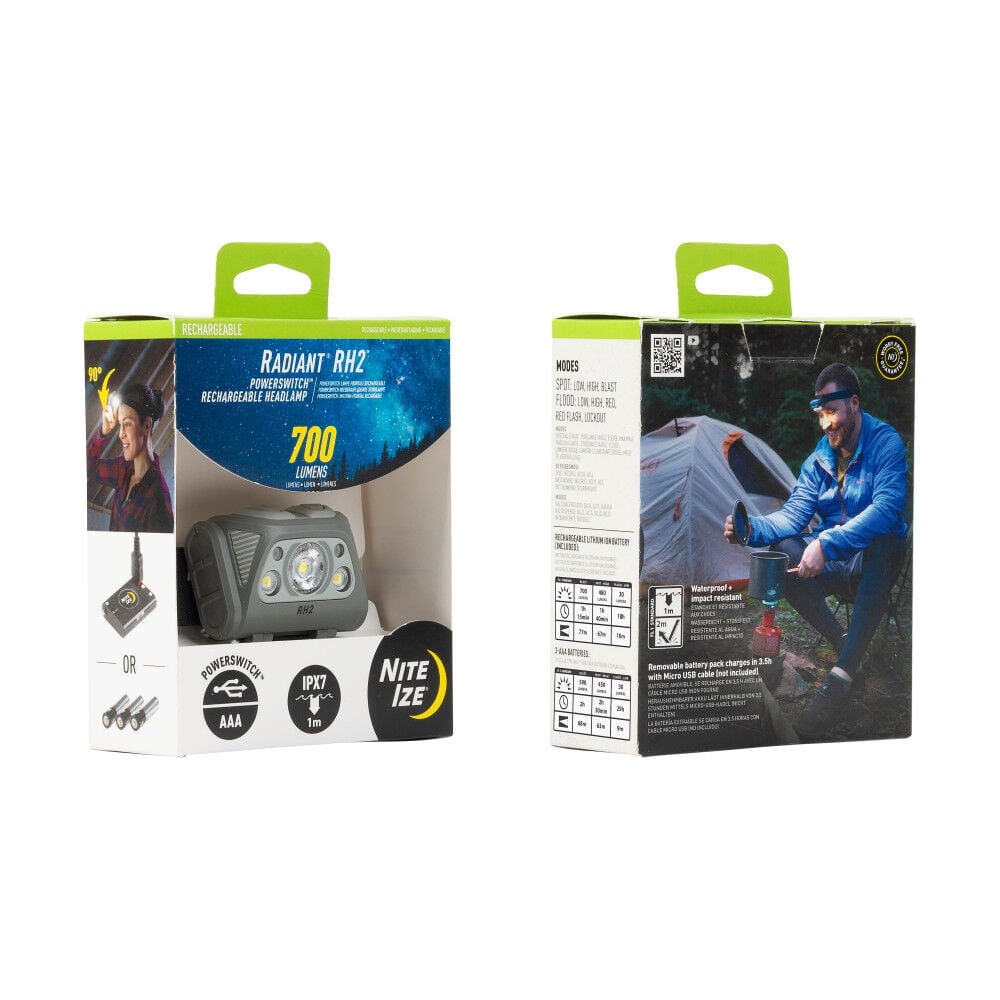 Nite Ize Radiant RH2 PowerSwitch Rechargeable Headlamp - Hands-Free Flashlight Alternative - Headlamp for Backpack Gear, Camping Equipment & More - Waterproof & Lightweight Headlamp - Black/Grey