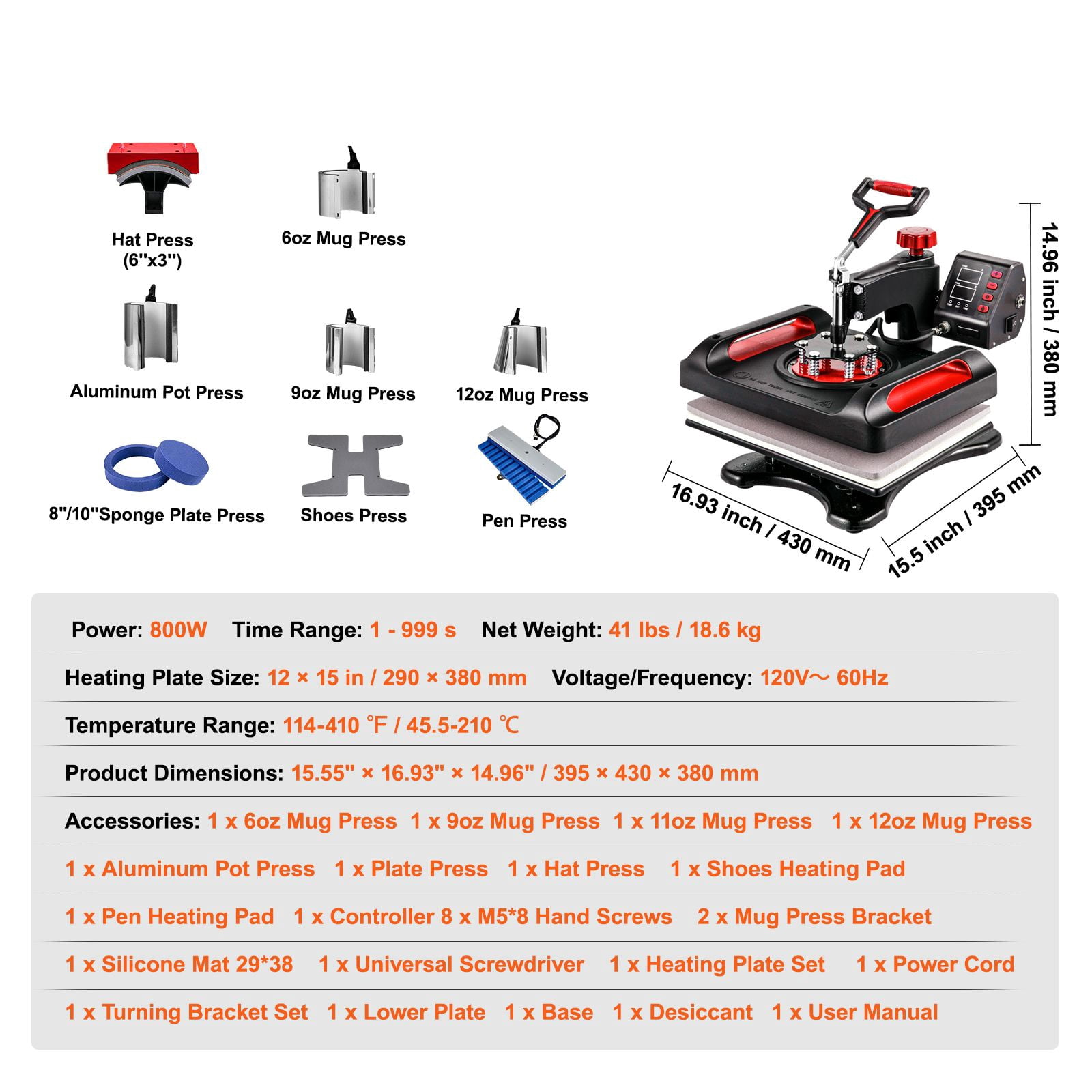 11 in 1 hot press, 12x15 inches, multi-function clamshell sublimator, 360 ° rotation, double tube heat transfer, suitable for T-shirts, shoes, hats