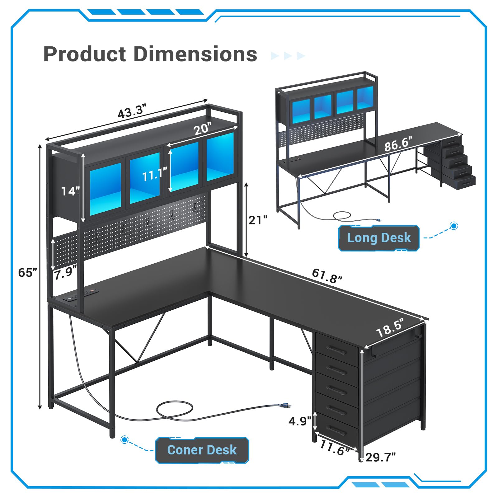 L Shaped Gaming Desk, Reversible L Shaped Desk with Hutch, Drawers and Power Outlet, Gaming Desk with Led Lights, Pegboard and Storage Shelf, Black