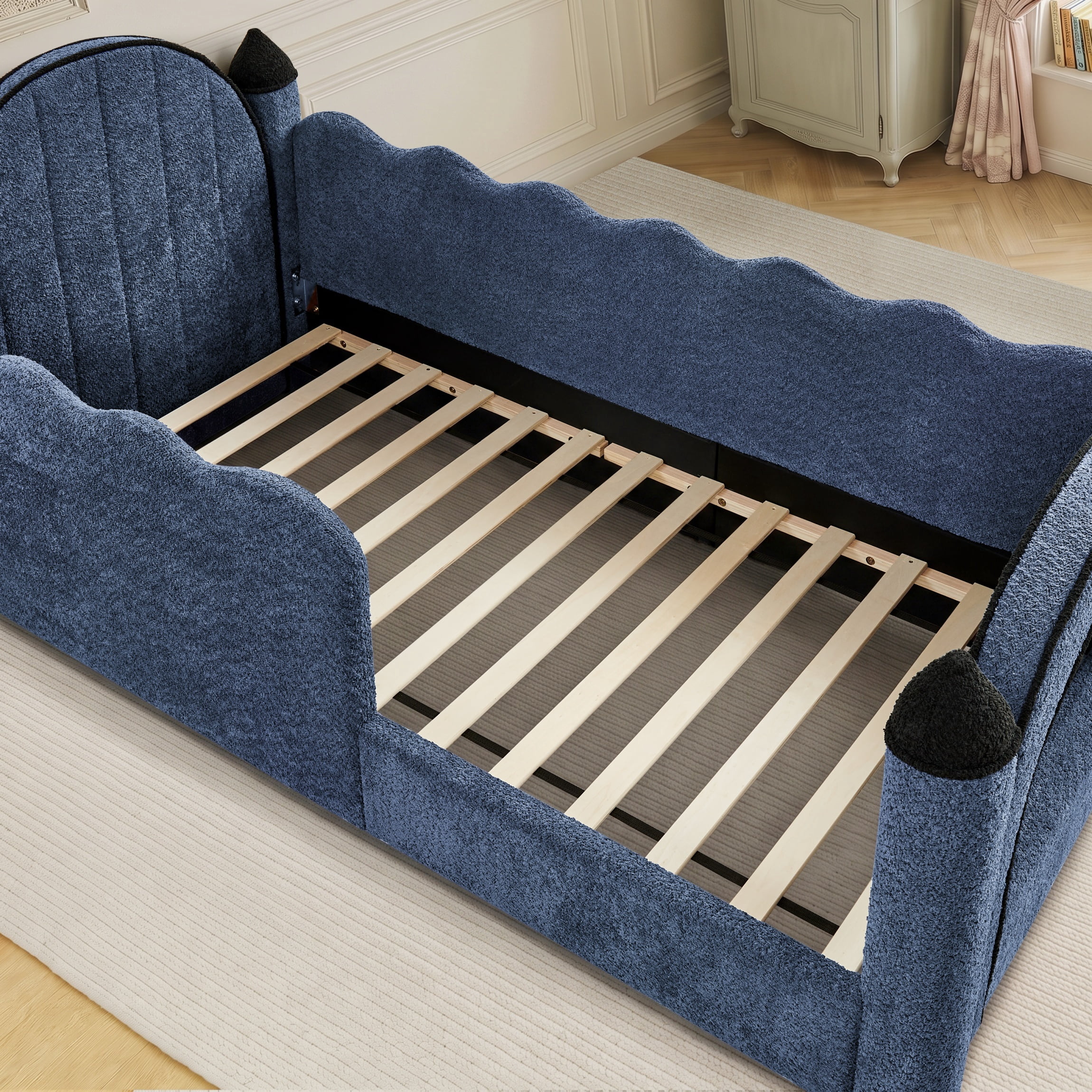 Twin Size Castle-Shaped Kids Floor Bed with Safety Guardrail, Low Profile Upholstered Platform Bed Frame with Small Curtain