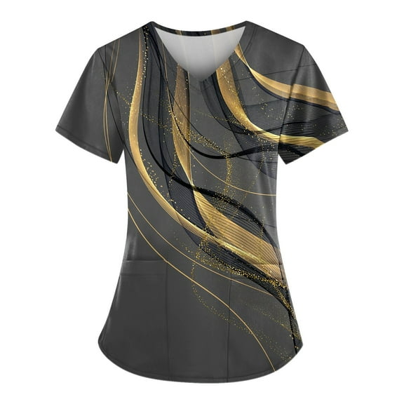 ADSSDQ Scrub Top Women V Neck Marble Pattern Scrubs Tops Nursing Working Uniform Short Sleeve T-Shirts Nurse Tunic Tops Nurse Shirt w/Pockets Black 2XL