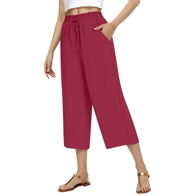 Ladies' Linen High Waisted Wide Leg Pants with Adjustable Drawstring for Casual Comfort and Style