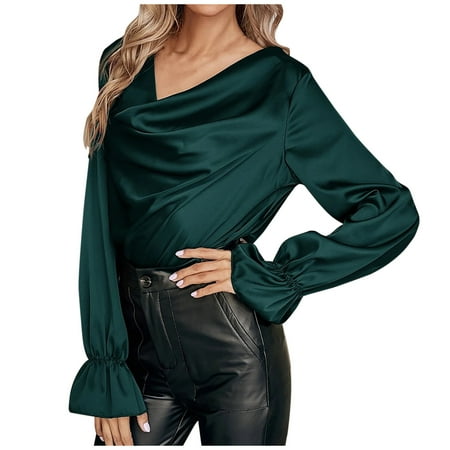 

Juebong Women Plus Size V Neck Silk Blouses Puff Sleeve V Neck Loose Solid Satin Pullover Collar Tops Casual Winter Fall T-shirt