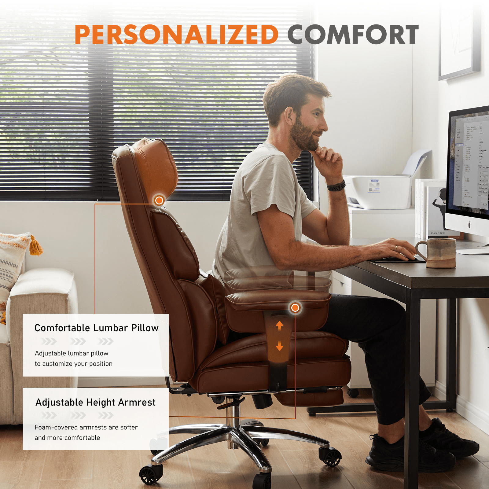 MAYEERTY High Back Executive PU Leather Office Chair with Retractable Footrest, 90°-135° Reclining Ergonomic Computer Desk Chair, Height Adjustable with Lumbar Support & Armrests
