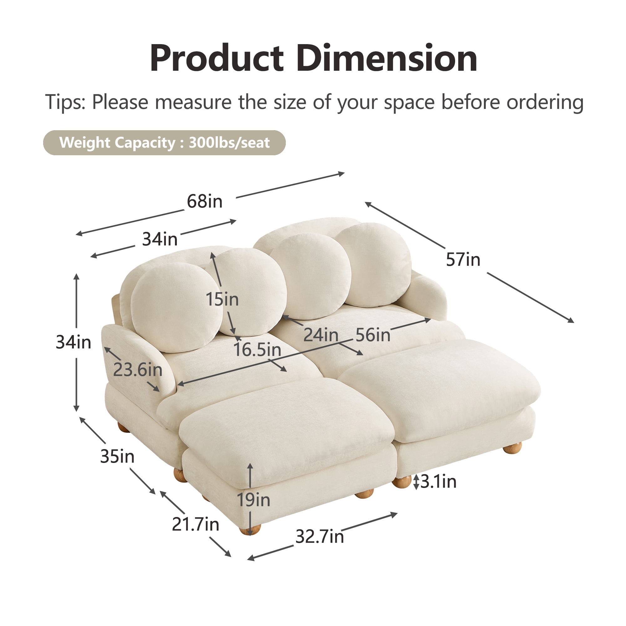 68" 4 Seater Comfy Chenille Modular Sectional Sofa Couch with 4 Throw Pillows and 2 Ottoman