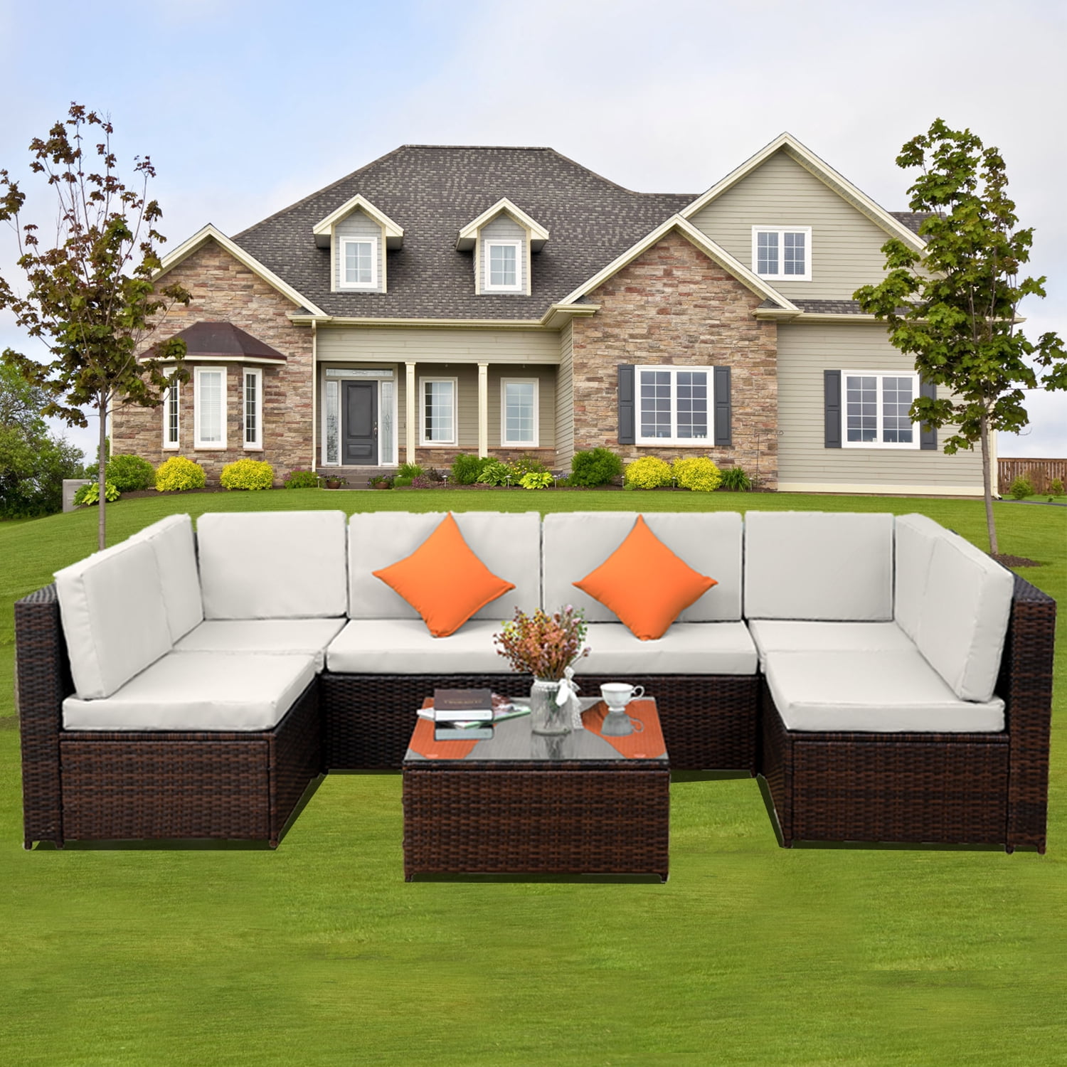 Outdoor Porch Patio Furniture Set, 7 Piece Patio Wicker Conversation Set with Coffee Table, All