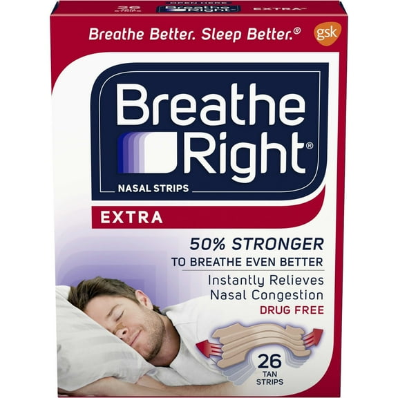 Extra Strength Tan Drug-Free Nasal Strips Snoring Remedy, 26 count, Breathe Right nasal strips open your nose up to 38% more than allergy decongestant sprays alone.., By Breathe Right