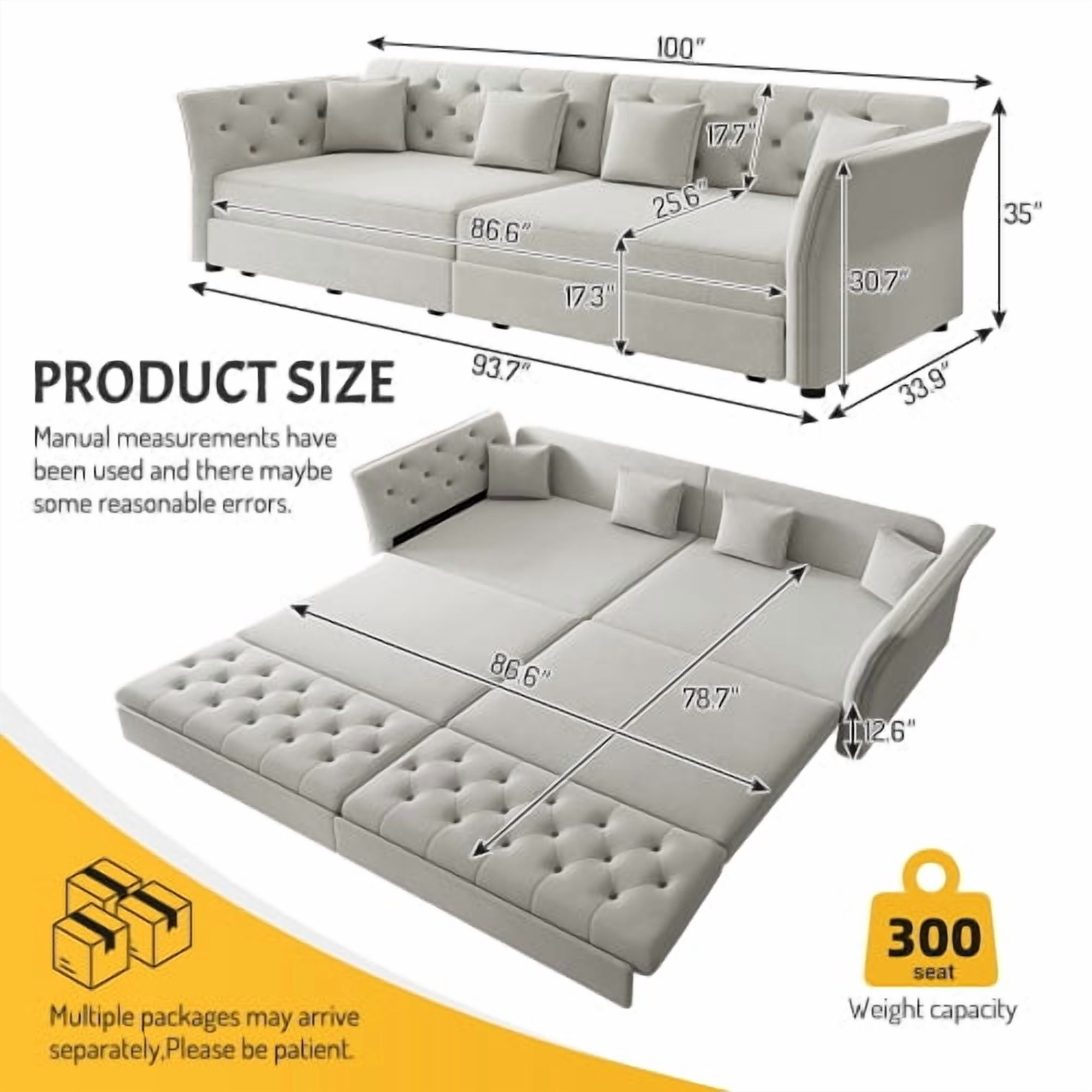 74.4" Queen Pull Out Sofa Bed, Convertible Sleeper Sofa with Handmade Fabric Flower Tufted Design, Multi-Functional Velvet Loveseat Bed for Living Room, Bedroom, Light Grey