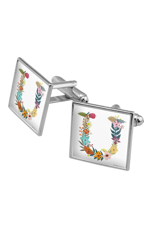 Letter U Floral Monogram Initial Square Cufflink Set - Silver or Gold