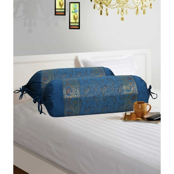 Stylo Culture Ethnic Polydupion Cylindrical Tube Pillow Bolster Pillow Covers Turquoise Jacquard Brocade Border Paisley Large Couch Round Cylinder Cushion Covers (Set of 2) | 30x15 Inches (76x38 cm)