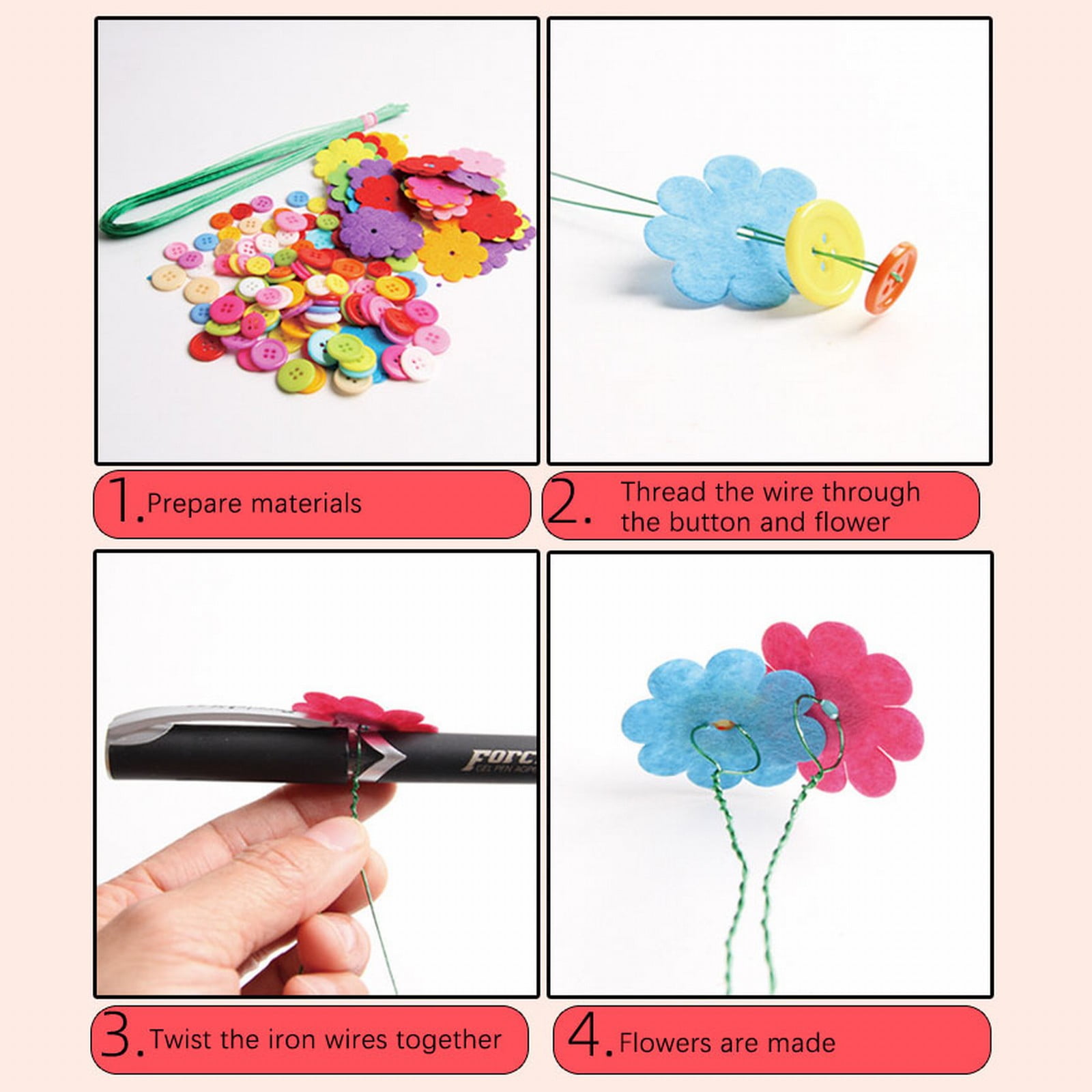 Flower Craft Kit For Kids DIY Bouquet Making Art Project Educational Toy For Children Button Flower Arrangement Activity