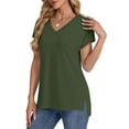 thumbnail image 5 of Fesfesfes Women's Summer Tee Outdoor V-Neck Slit Raglan Sleeves Short Sleeves Blouse Solid Color New Casual Sports Daily Wear T-shirt(Army Green,2XL), 5 of 7