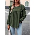 thumbnail image 4 of Solid Round Neck Ruffle Shoulder Crochet Detail Blouse for Women Olive Green X-Large, 4 of 5