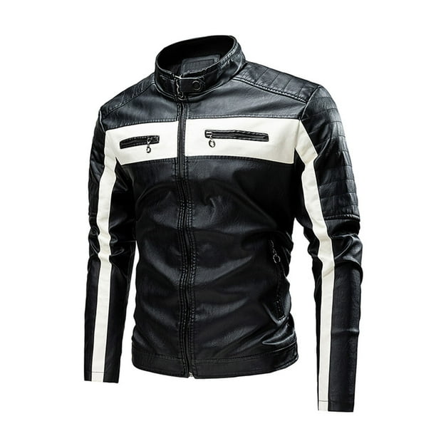 Chaqueta casual de cuero de motorista de manga larga para hombre con cremallera en el cuello alto Pompotops oipoqjl38089
