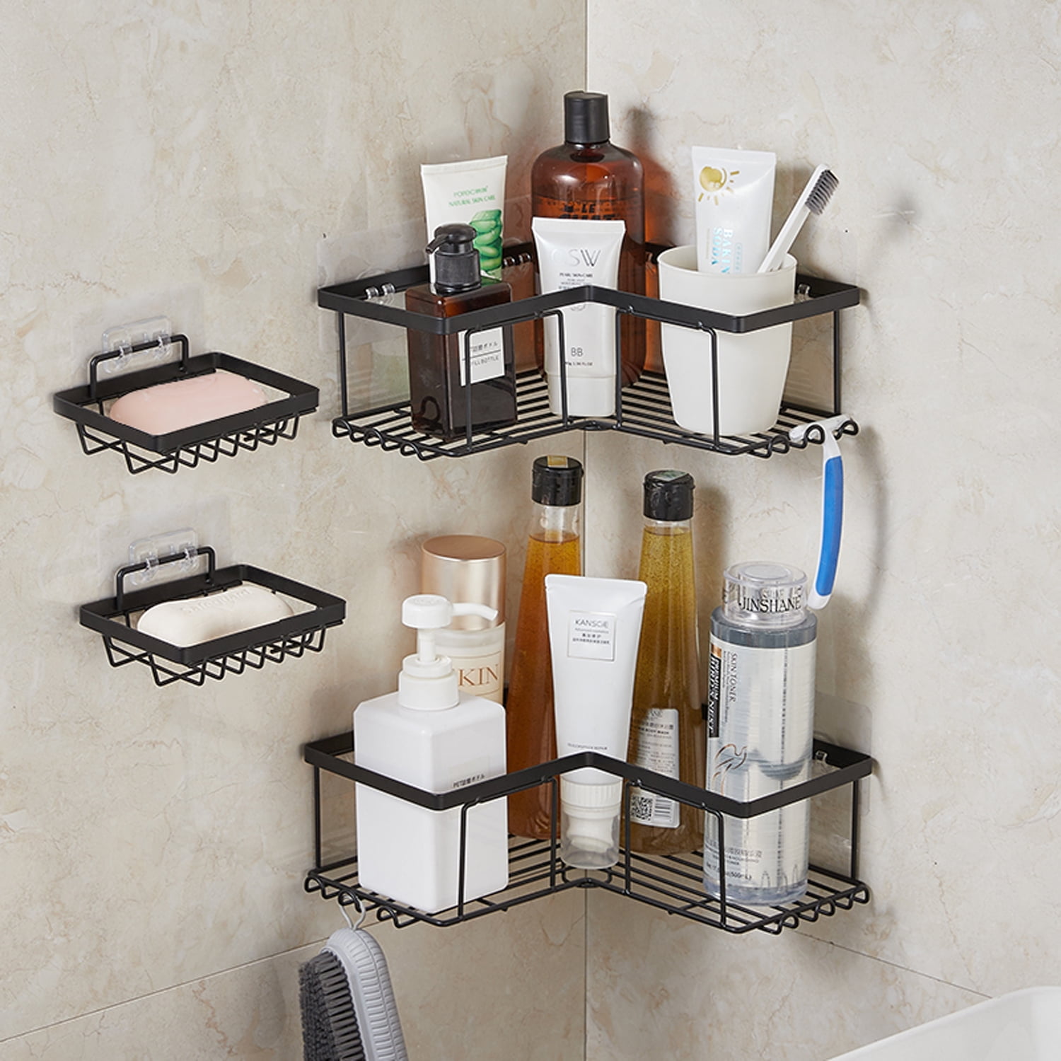 Huryfox Corner Shower Caddy, 3-Pack Adhesive Shower Shelf with Soap Dish and Hook, Stainless Steel Wall Mount Bathroom Shower Organizer (Black) 