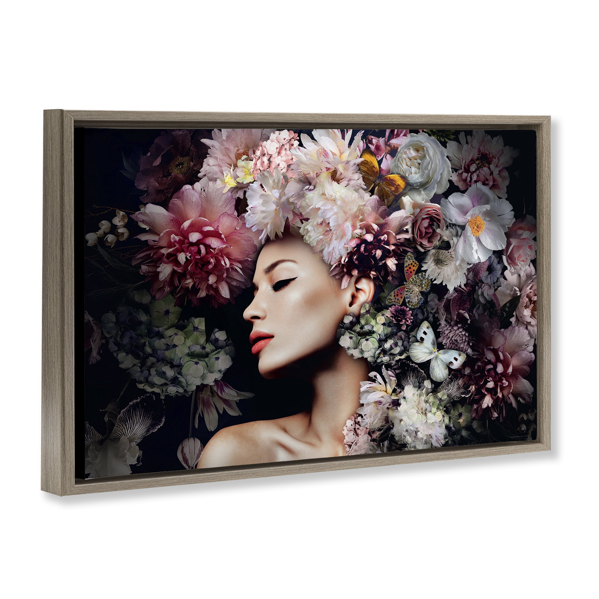 Stupell Industries Nature Florals Female Portrait Plants & Flowers Painting Brown Floater Framed Canvas Art Print Wall Art, 25 x 17