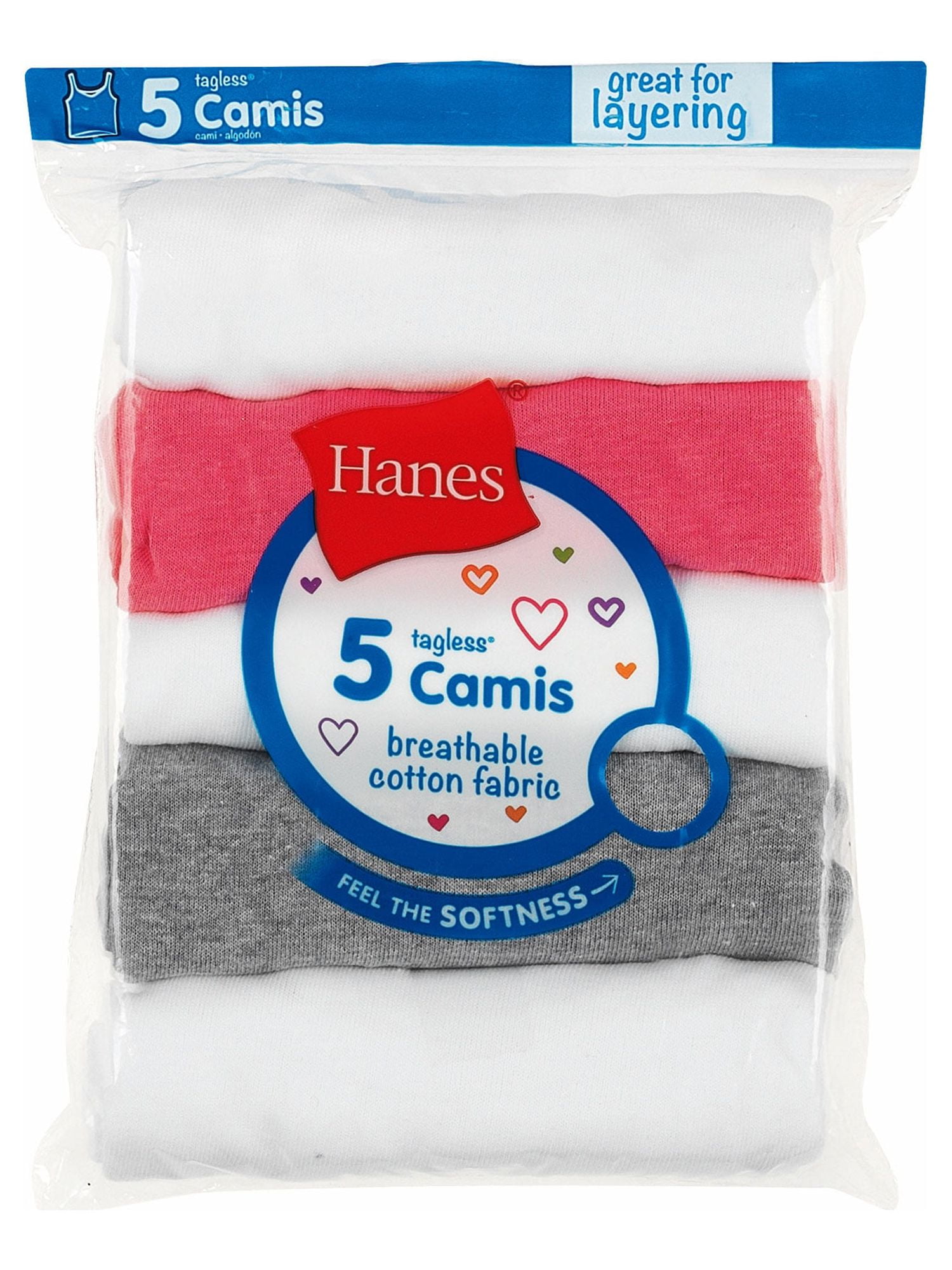 Hanes Girl Cami 5-Pack Tank Tops Tag Free Assorted Colors Under shirt sizes S-XL