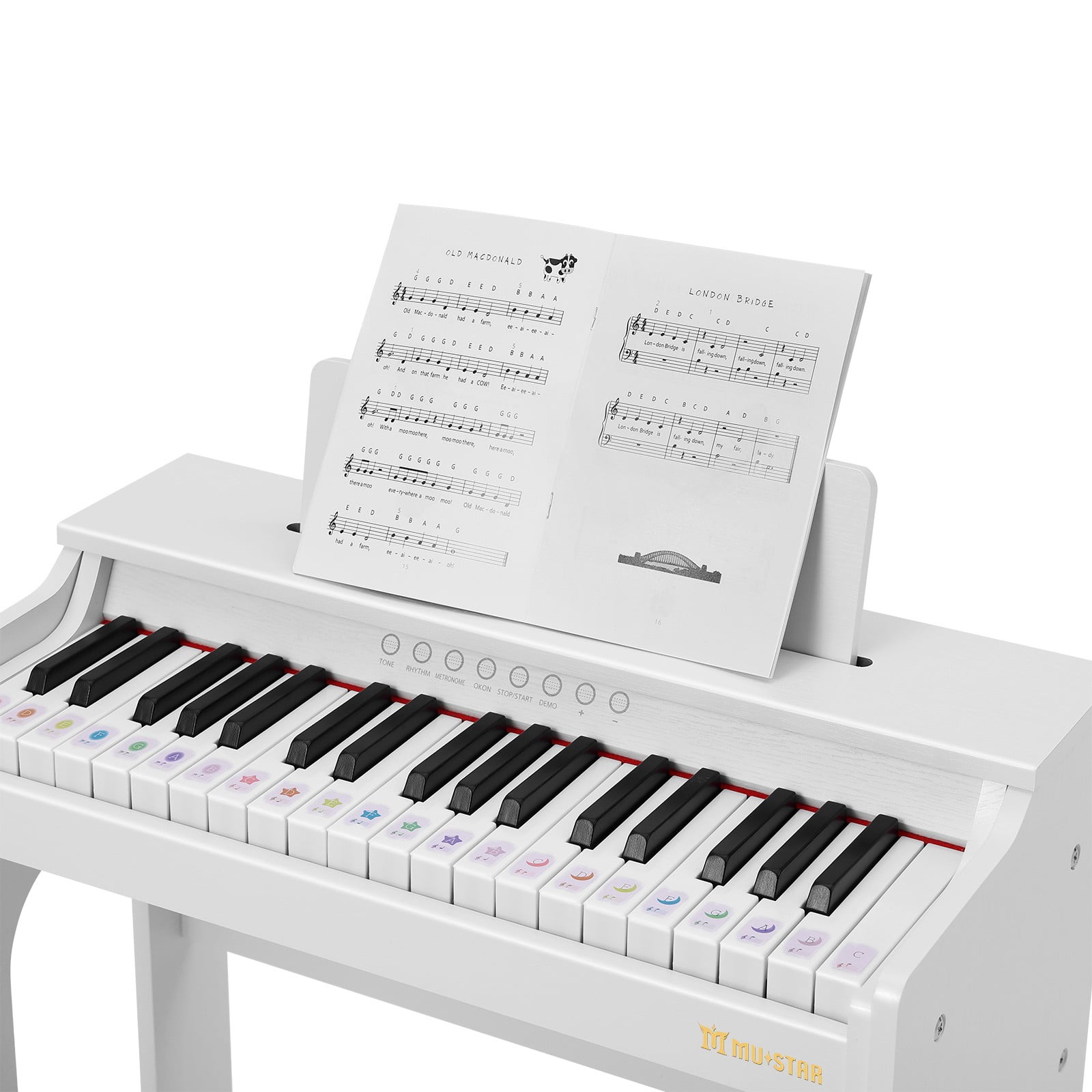 Mustar 37 Keys Kids Wooden Electronic Digital Piano Keyboard with Stool, Songbook, DIY Stickers (White)