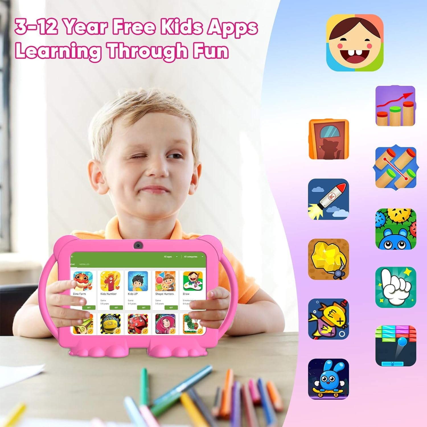 YQSavior 7 in 1024 x 600 Kids Parental Controls Tablet, 32GB, Android 12, Wi-Fi, Pink with Silicone Case