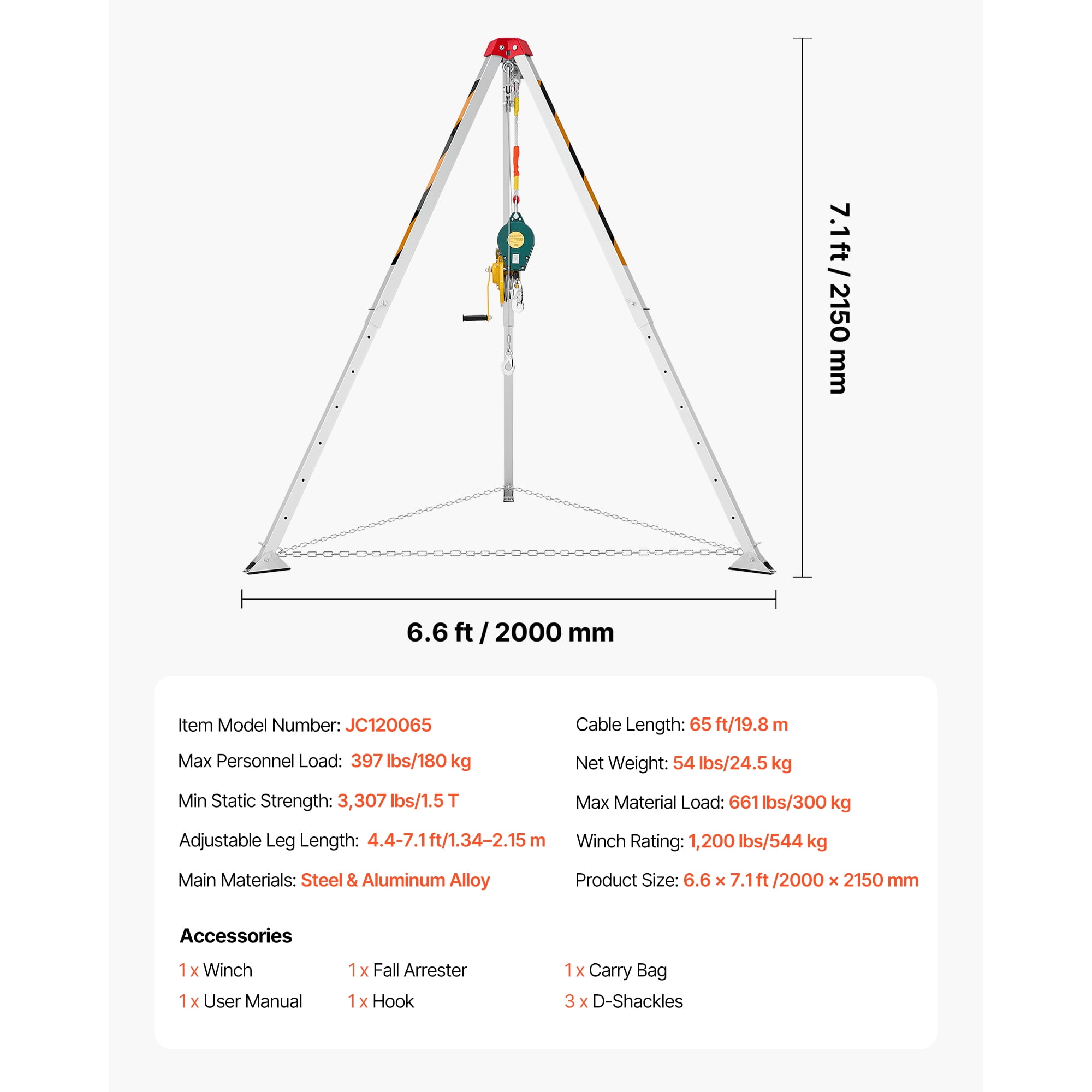 KFFKFF Confined Space Tripod Kit with Adjustable Legs, 1200 lbs Lifting Capacity, 65 ft Cable, 32.8 ft Fall Protection, 4.40-7.05 ft Working Height, Portable Design