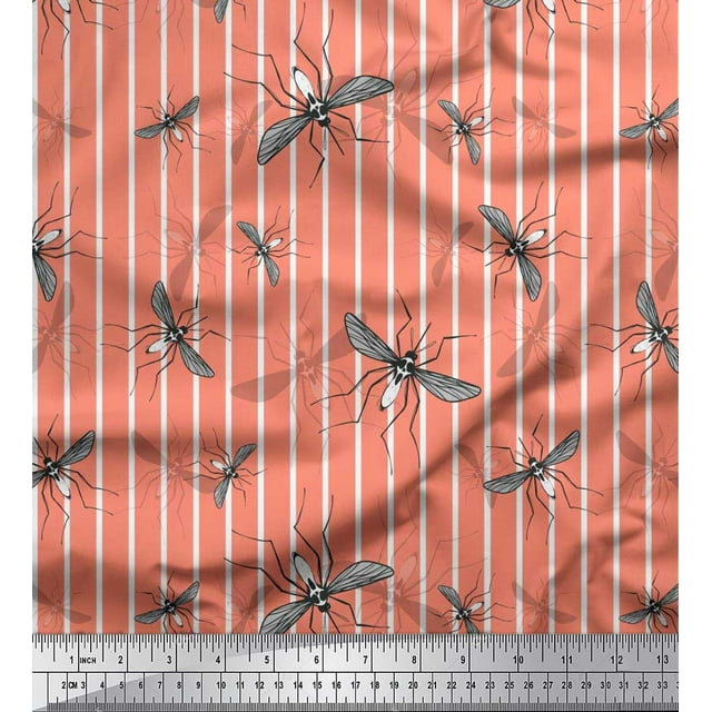 Soimoi Orange Rayon Crepe Fabric Stripe & Mosquito Insects Printed Fabric 1 Yard 46 Inch Wide