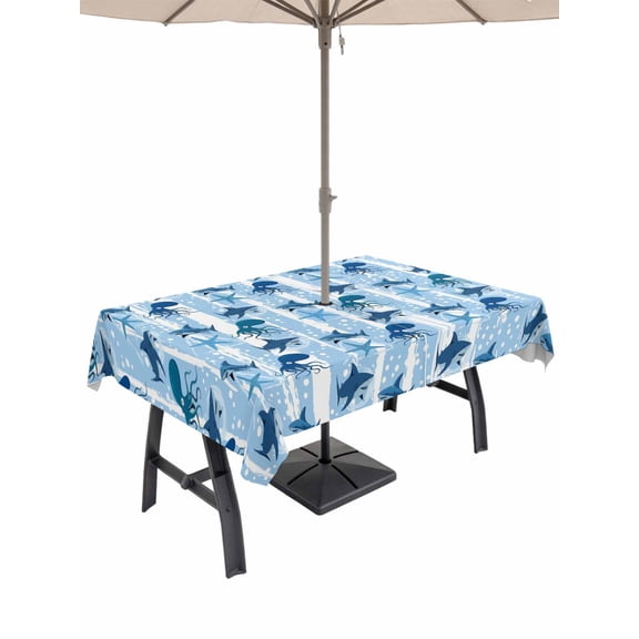 Outdoor Tablecloth with Umbrella Hole for Patio/Picnic/Party/Camping, Light Blue Coastal Waterproof Table Cloth Rectangle Table Cover Washable, Summer Beach Octopus Shark Ocean Starfish (60"x 120")