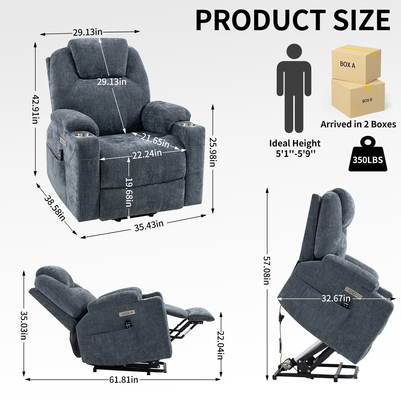 Chenille Power Lift Recliner Chair for Seniors, Heavy Duty 350 lbs Capacity with 8-Point Massage & Lumbar Heat, USB Type-A/C Ports, Stainless Steel Cup Holders, Living Room Comfort