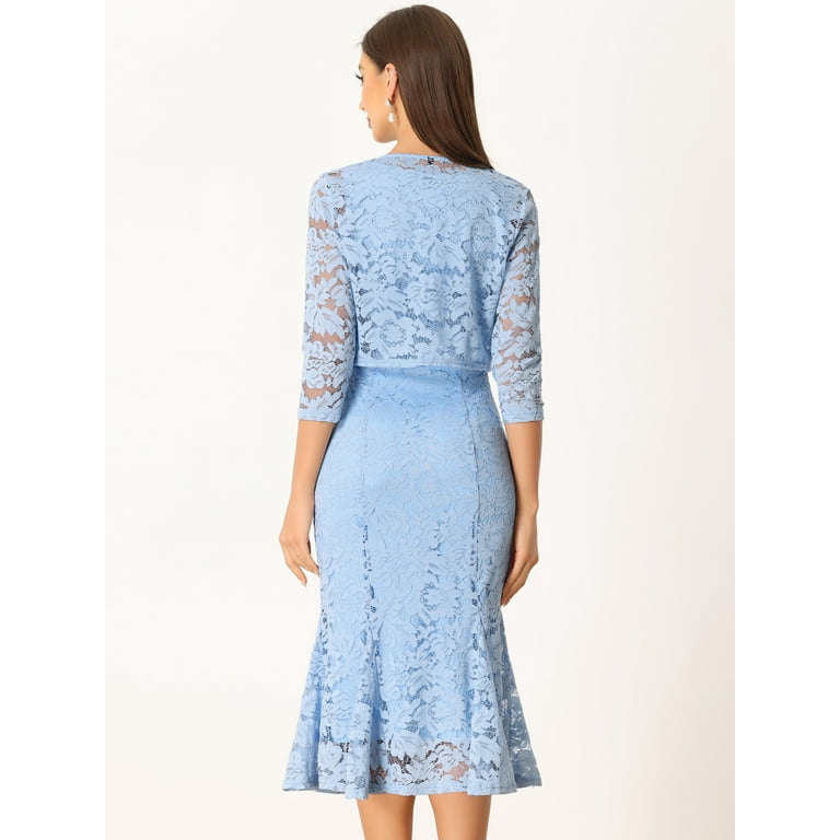 Unique Bargains Women's Fishtail Sheath Dress and Open Front Shrugs 2pc Lace Dress XS Light Blue Unique Bargains Women's Fishtail Sheath Dress and Open Front Shrugs 2pc Lace Dress XS Light Blue
