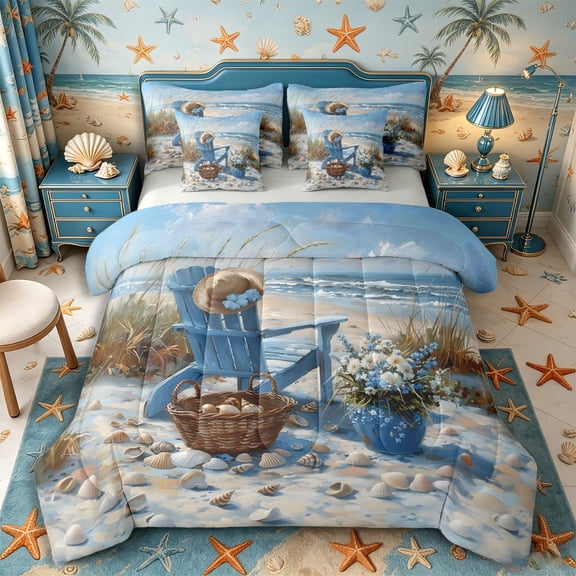 Castle Fairy Impasto Coastal Beach Chair Painting 7-Piece Twin Bedding,Wildflower Seashell Dune Shore Print Bedding Comforter Set,Sand Blue,Grey Reversible