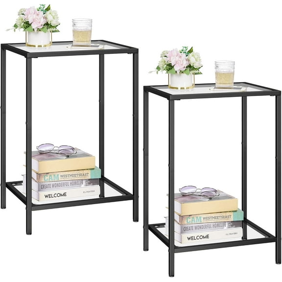 Side Tables Set of 2, End Tables with Tempered Glass, 2-Tier Nightstands with Storage Shelves, Coffee Table with Modern Style, Slim Sofa Table for Living Room, Bedroom, 11.8" D x 15" W