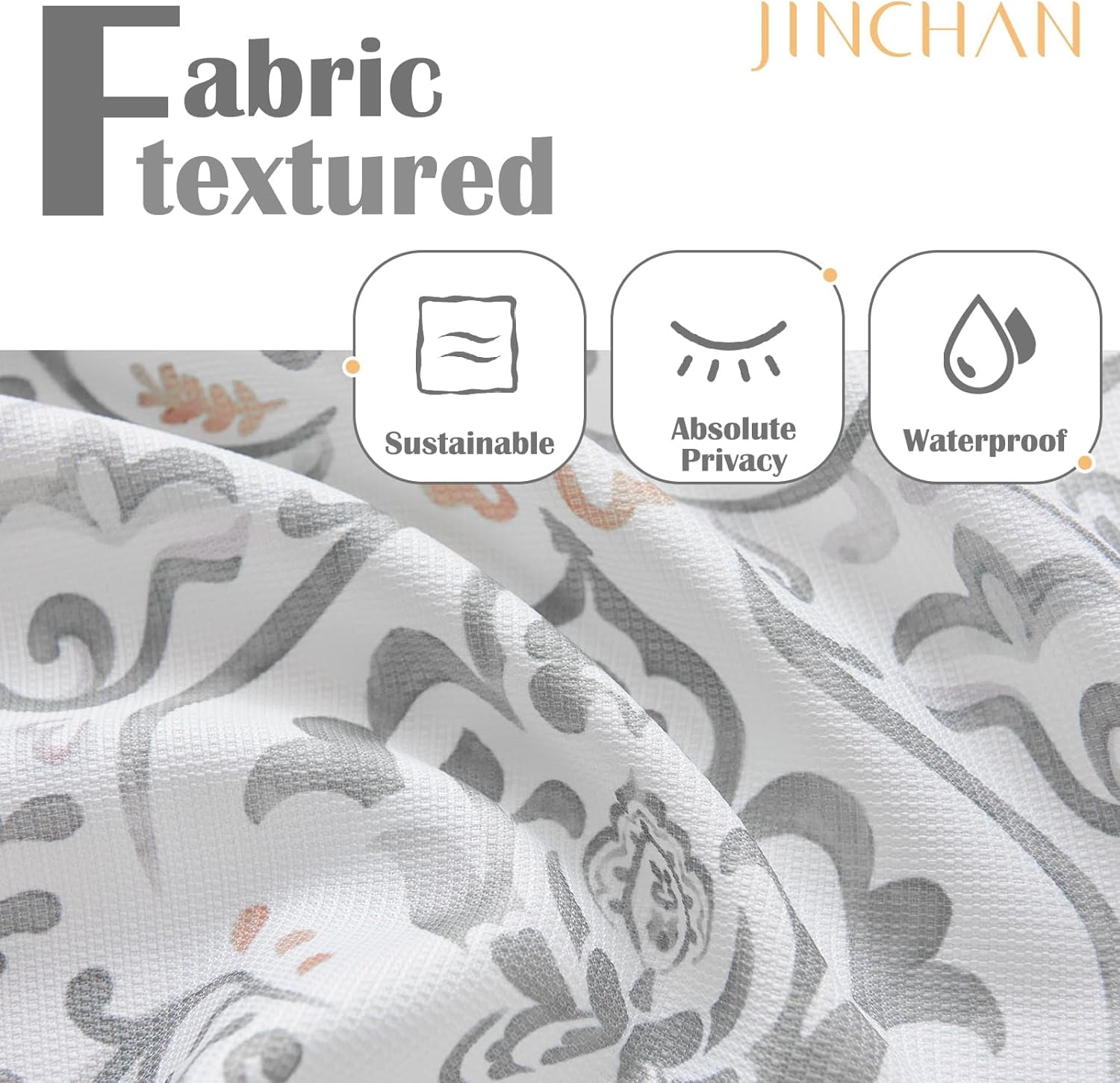 Boho Farmhouse Grey Floral Shower Curtain, Medallion Damask Shower Curtains for Bathroom, Moss Inky Retro Vintage Pattern Waterproof Fabric Shower Curtain, Bath Decor with Hooks 70x72 inches