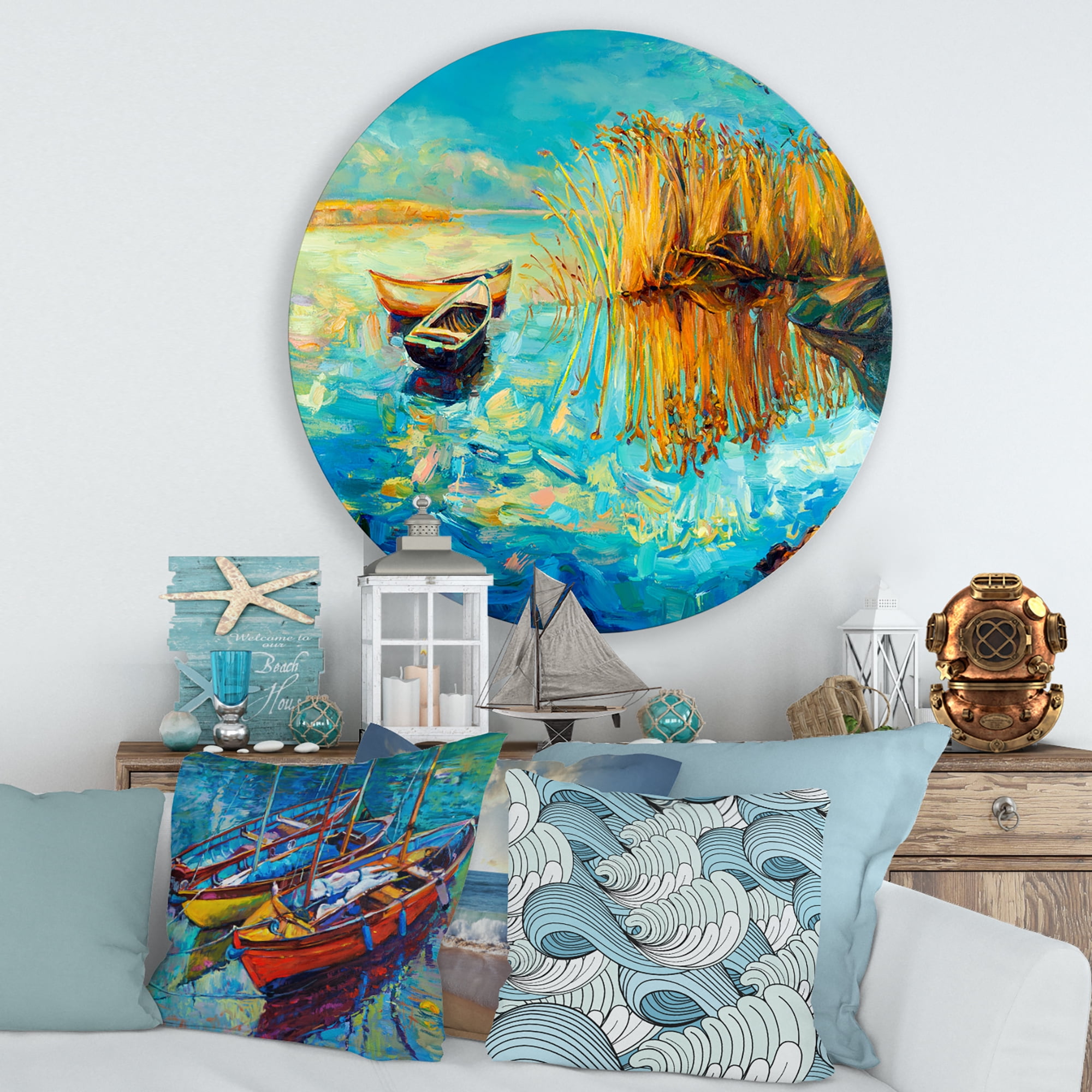 Designart 'Orange Trees With Turquoise Lake During Sunset' Nautical & Coastal Circle Metal Wall Art 29x29 - Disc of 29