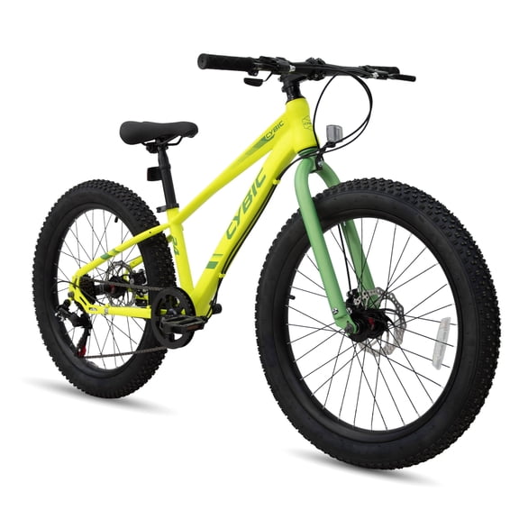 Cybic 24 inch Fat Mountain Bike, Iron Frame 7 Speeds Bicycle with Disc Brakes, Durable All Terrain Fat Bike for Men & Women, Yellow Green
