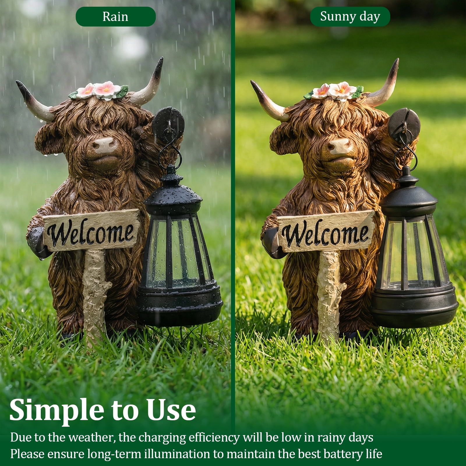 Threns Solar Highland Cow Garden Outdoor Statue,Highland Cow Figurines Sculpture with Light,Patio Balcony Yard for Pasture,Farm Theme Housewarming Gifts for Women Mom