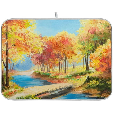 

Absorbent Dish Drying Mat for Kitchen Counter - Forest Oil Painting Autumn Microfiber Drying Pad Reversible Drainer Mats for Countertop Large 18 x 24