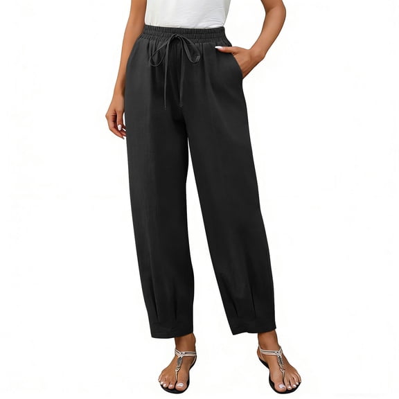 LEAVINGSUO Cotton Linen Pants for Womens Color Loose Casual And Linen Drawstring With Pockets Trousers Black S