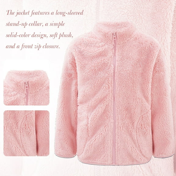 Miutii Kids Girls Fleece Long Sleeve Jacket Zipper Closure Solid Color Outerwear Winter Warm Casual Pink 110
