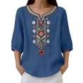 thumbnail image 7 of Womens Summer Tunic Tops V Neck 3/4 Puff Sleeve Loose Fit Blouses Cotton Linen Embroidery Boho Shirts Blue Plus Size,Size 3XL, 7 of 7