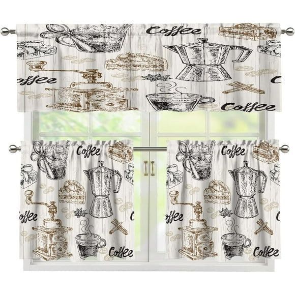 Cantonnières Rustiques pour Cuisine avec Outil à Café, Tasse Peinte à la Main Dessert Grains de Café Machine à Moudre Décor Motif Texture Bois Habillages de Fenêtre, Draperies pour Salon, 54x18 Po 1P+27x24 Po 2P