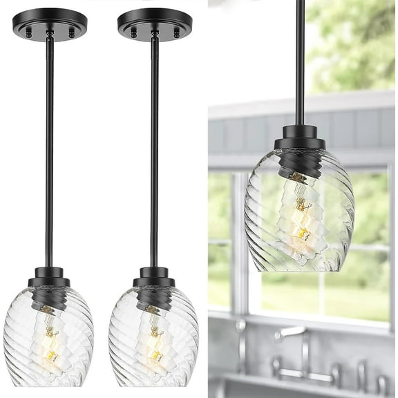 Pendant Lights Kitchen Island, 2 Pack Black Pendant Lighting with Striped Clear Glass Shade, Modern Hanging Light Fixtures for Entryway Dining Room, AD-22299-2P-BK