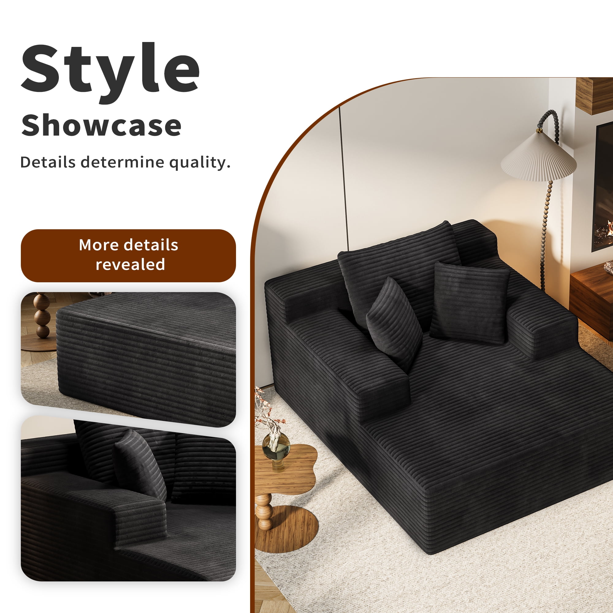 Recliner Sofa Bed, Extra Large Lounger, Deep-Seat Corduroy Sleeper, 600 Lbs Capacity, 64.96-Inch Width, 30.31-Inch Seat Depth, Upholstered Foldable Design for Living Room Bedroom, Black