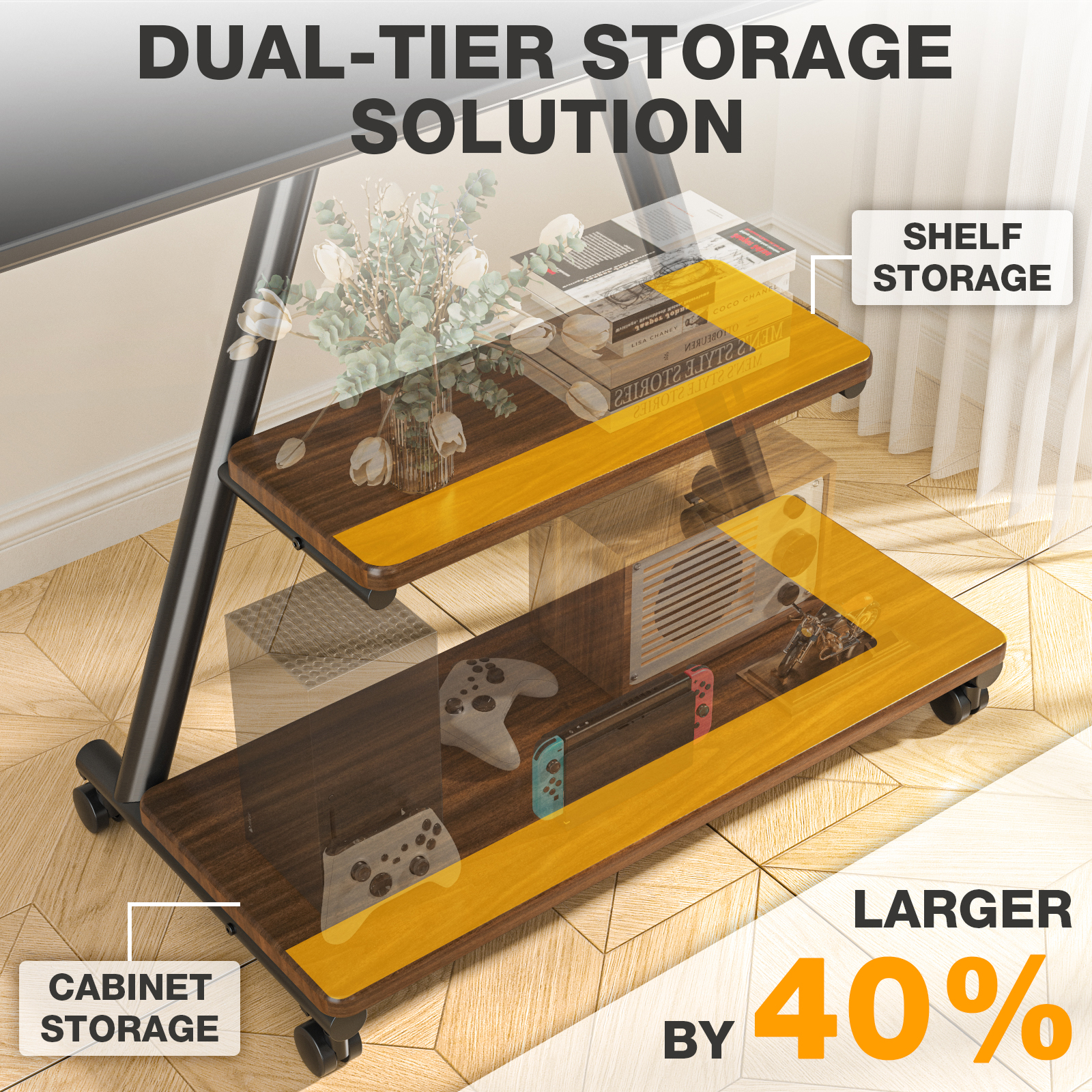 RTVR Rolling TV Stand for 43-80" Screens, Portable Mobile TV Stand on Wheels with Enhanced Triangular Design Storage Shelves up to 150 lbs, Brown