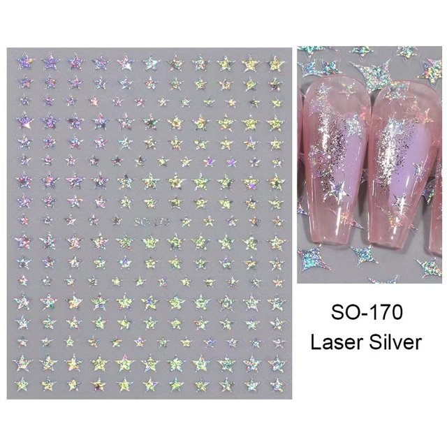 Pegatinas para decoración de uñas, pegatinas adhesivas para uñas con forma de estrella, de metal, con láser, color dorado y plateado