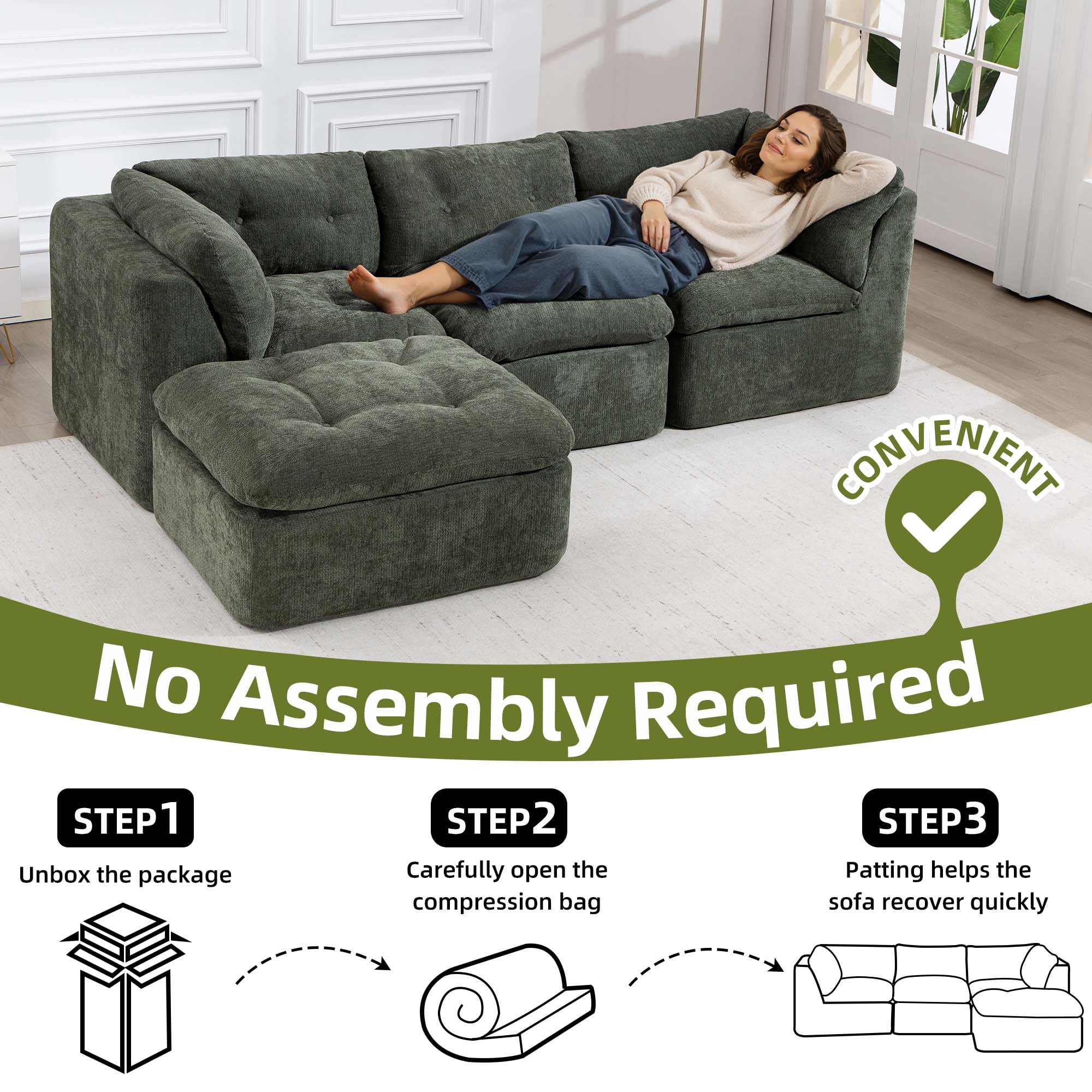 106.29" Sectional Sofa, 3 Seater Modular Sectional Floor Sofa with Ottoman, Chenille Cloud Couch for Living Room, Deep Seat Sofa, Green