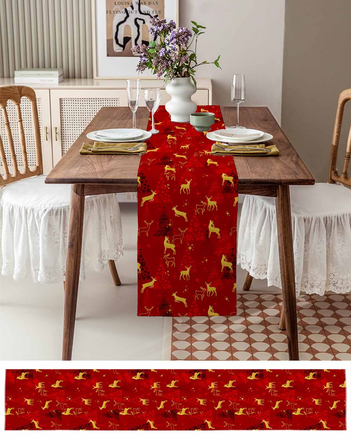 Jbralid Christmas Linen Table Runner, 72 Inch - Xmas Tree Elk Snowflake Red Checkered Farmhouse Holiday Decor