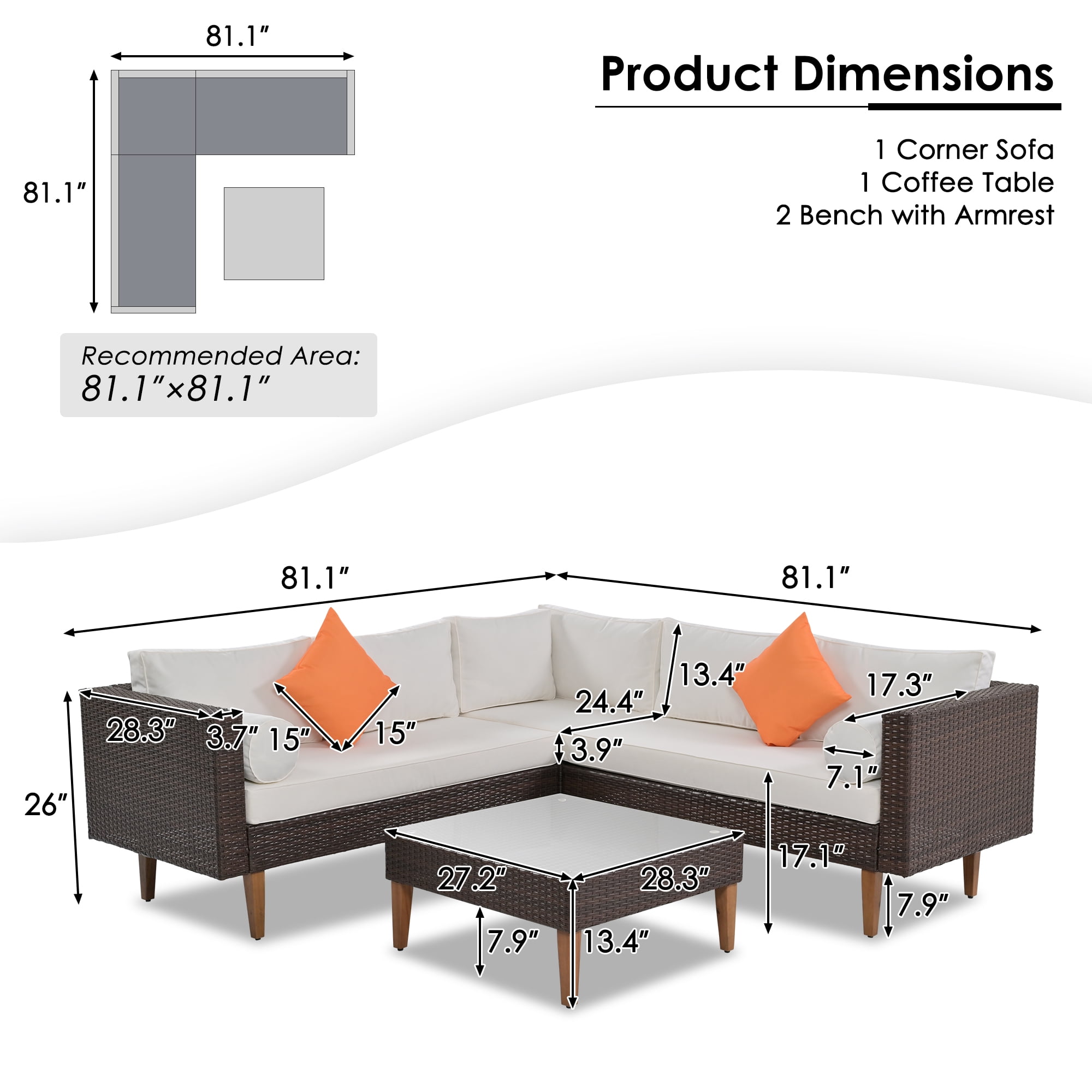 4-Pieces Outdoor Wicker Sofa Set with Coffee Table, L-Shape Patio Furniture with Colorful Pillows, White Cushions and Brown Rattan, Weather-Resistant for Garden, Balcony, Backyard