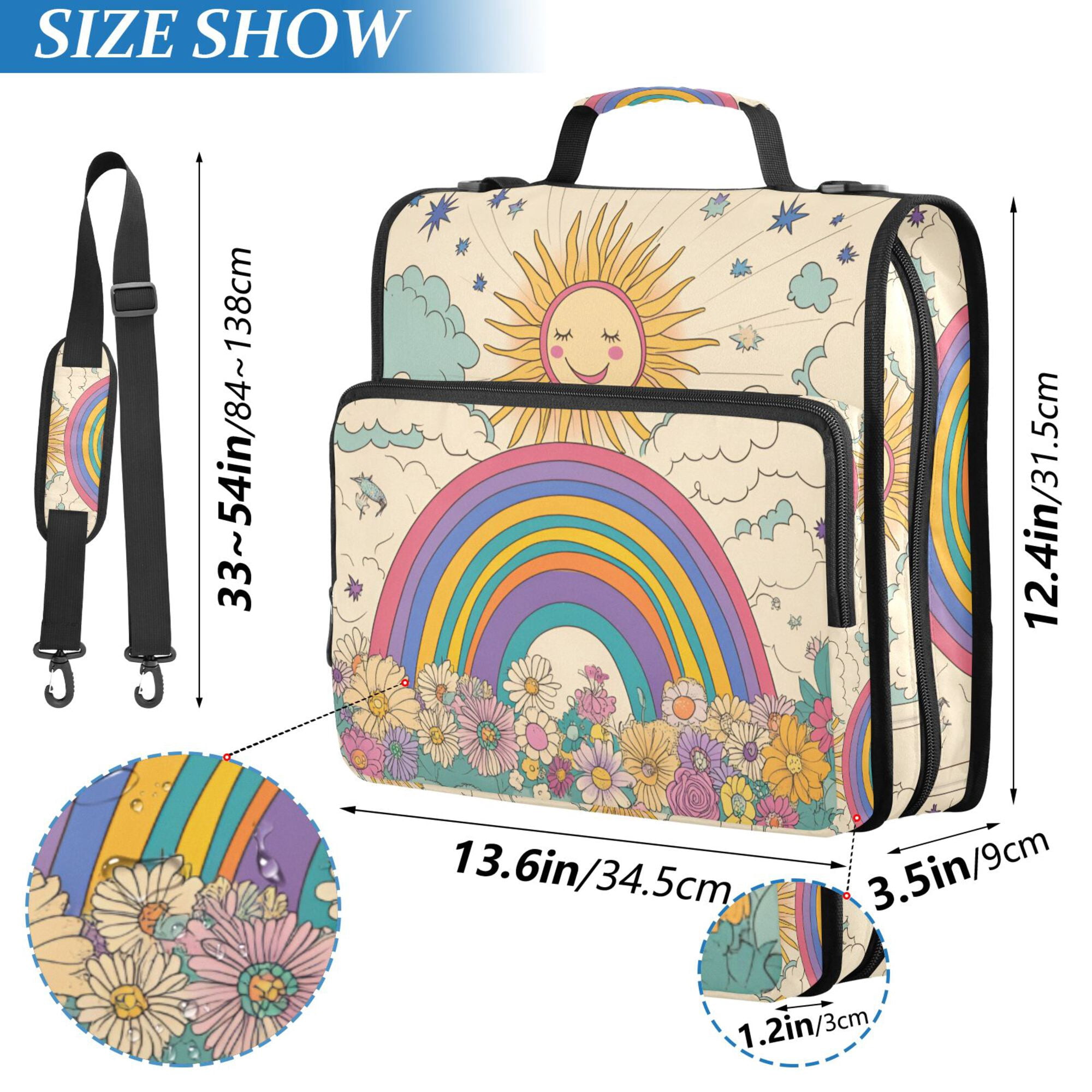 FORMRS Zipper Binder with Shoulder Strap 2-inch Ring 500 Sheet Capacity File Bag, Beige Rainbow