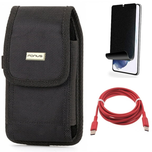 For Samsung Galaxy S21 (6.2") - [Fingerprint Works] TPU Film Privacy Screen Protector   Holster Swivel Case Belt Clip   PD Fast Charger USB-C to Type-C Red 6ft Long Cable