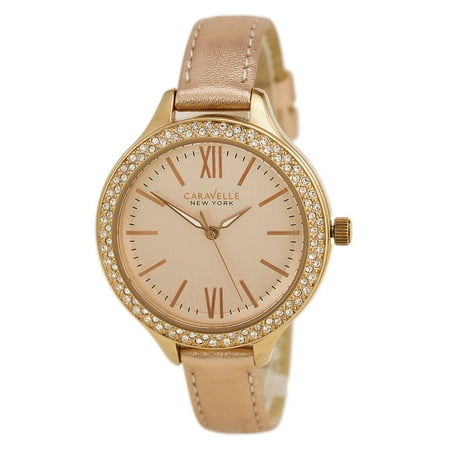 Caravelle 44L132 Women's Crystal New York Rose Gold Dial Leather Strap Watch