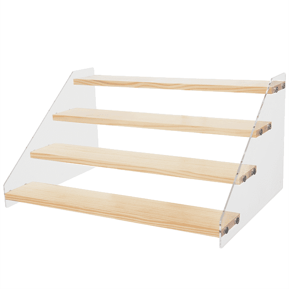 4-Tier Wood Display Riser, Wood& Acrylic Display Shelf, Riser Display Stand for Action Figure, Doll, Perfume, Cupcake, Toy, Jewelry, Makeup